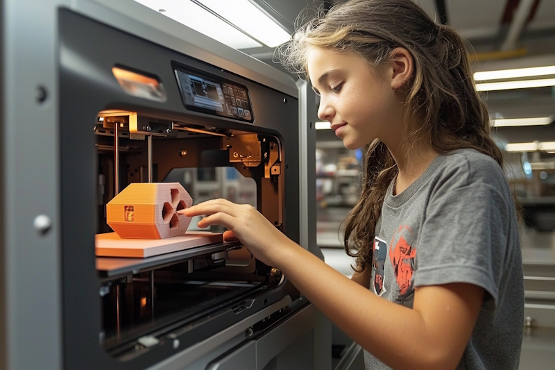 A young girl using a 3-d printer