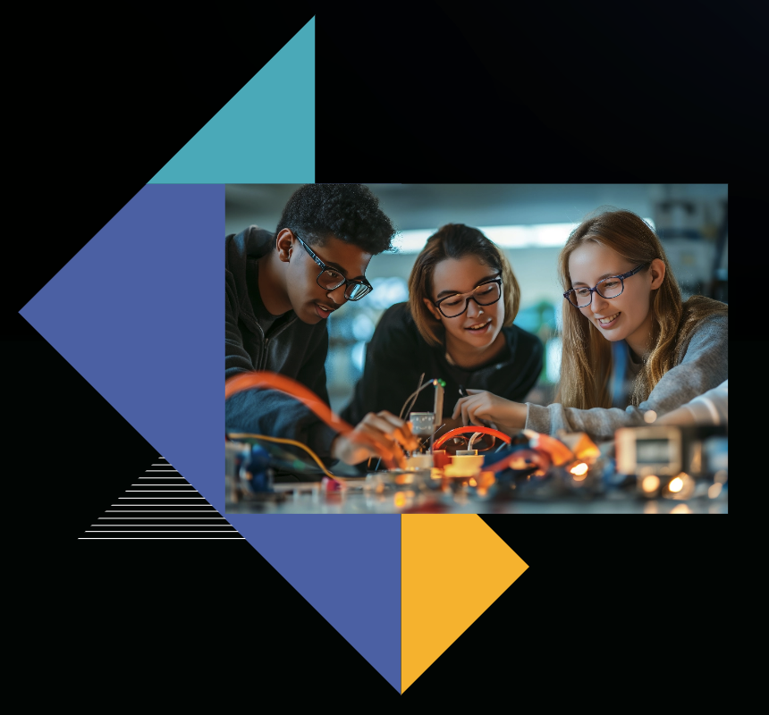 Three people wearing safety glasses and working on an experiment