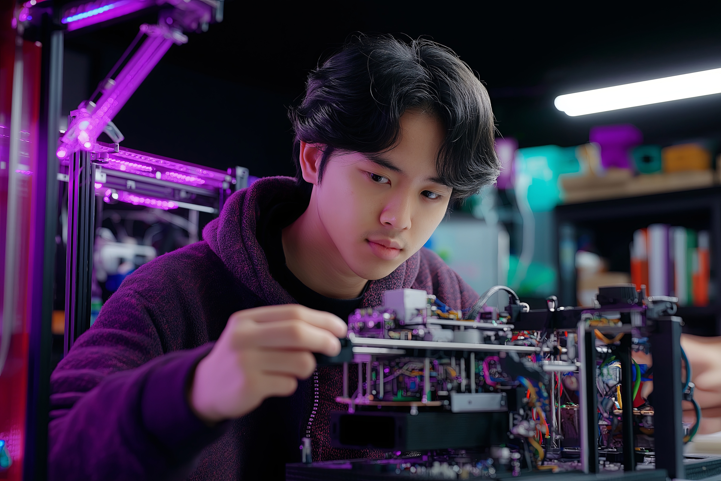 A young boy working with electronics