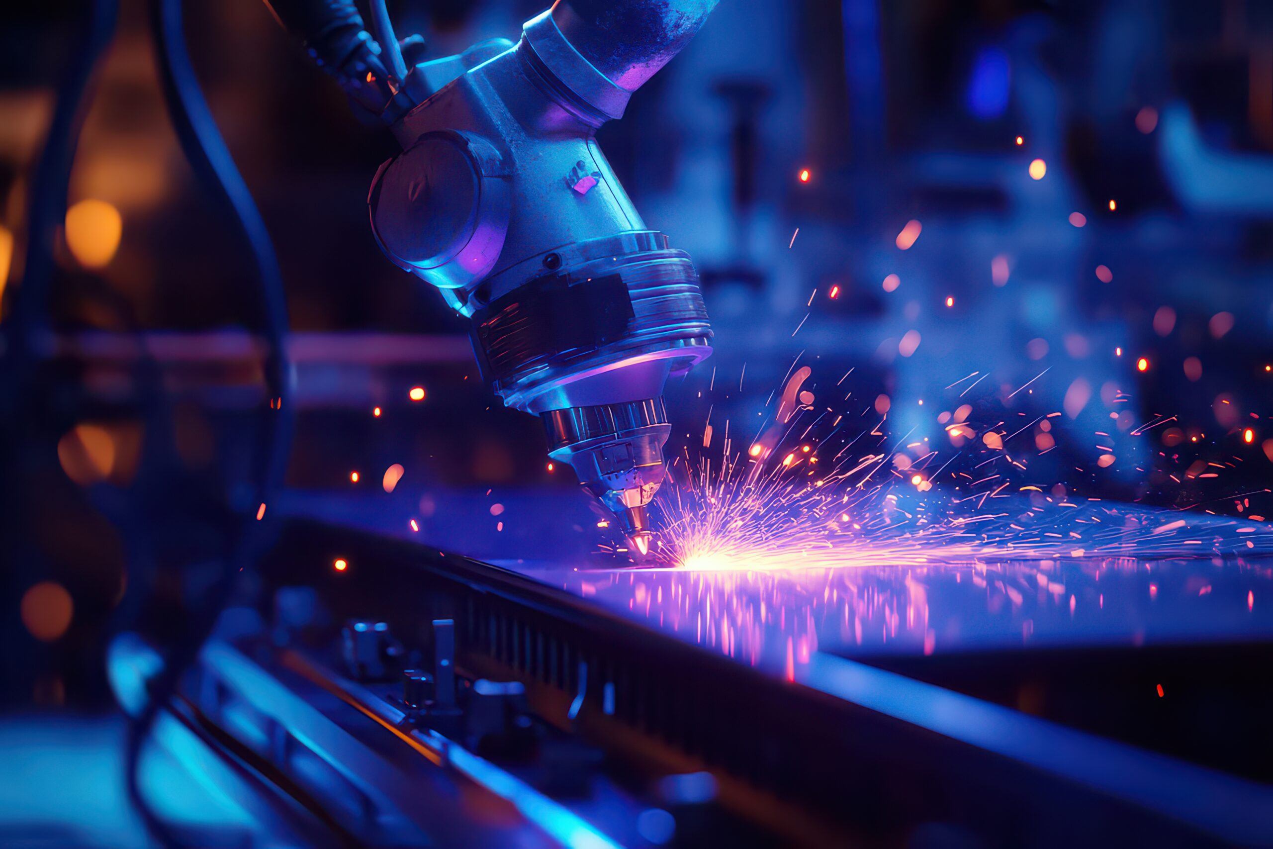 A captivating digital artwork showcasing automated welding with sparks and soft glow lighting, highlighting intricate designs and modern industrial technology in a 3D style.