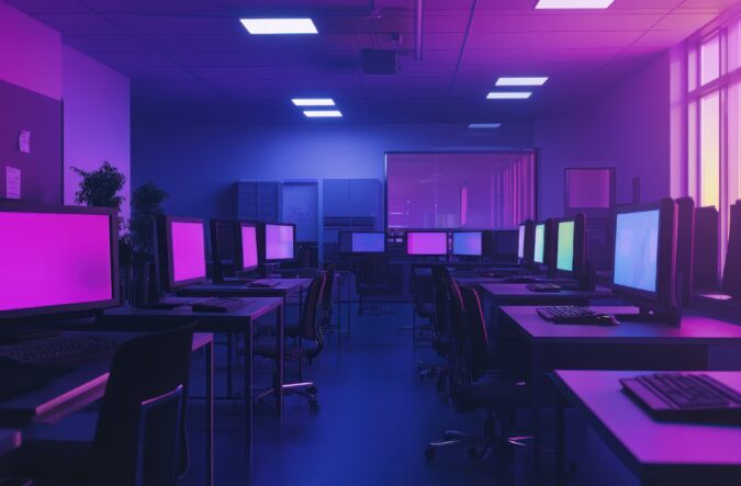 A twilight scene of a computer lab, with illuminated monitors emphasizing the productive atmosphere of digital learning