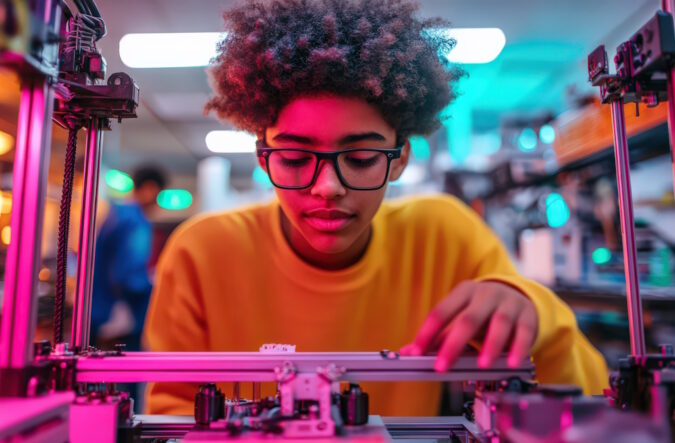 A teenager (14-15 years old) experimenting with a 3D printer in a school STEM lab, with vibrant lighting and engaged expressions.