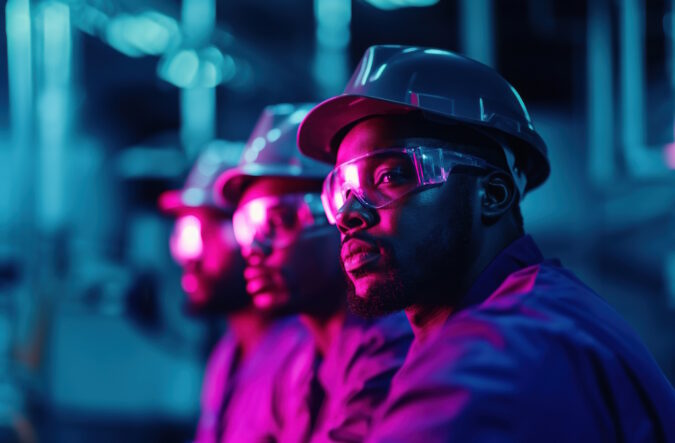 Focused factory workers wearing hard hats and safety goggles in a futuristic industrial environment illuminated with vibrant neon lighting.