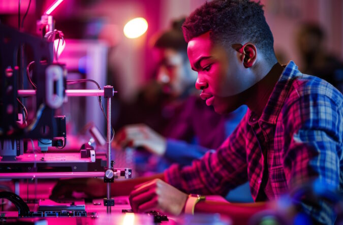 Creative education hub, students use 3D printers and robots, colorful and chaotic, atmosphere of innovation. AI generated