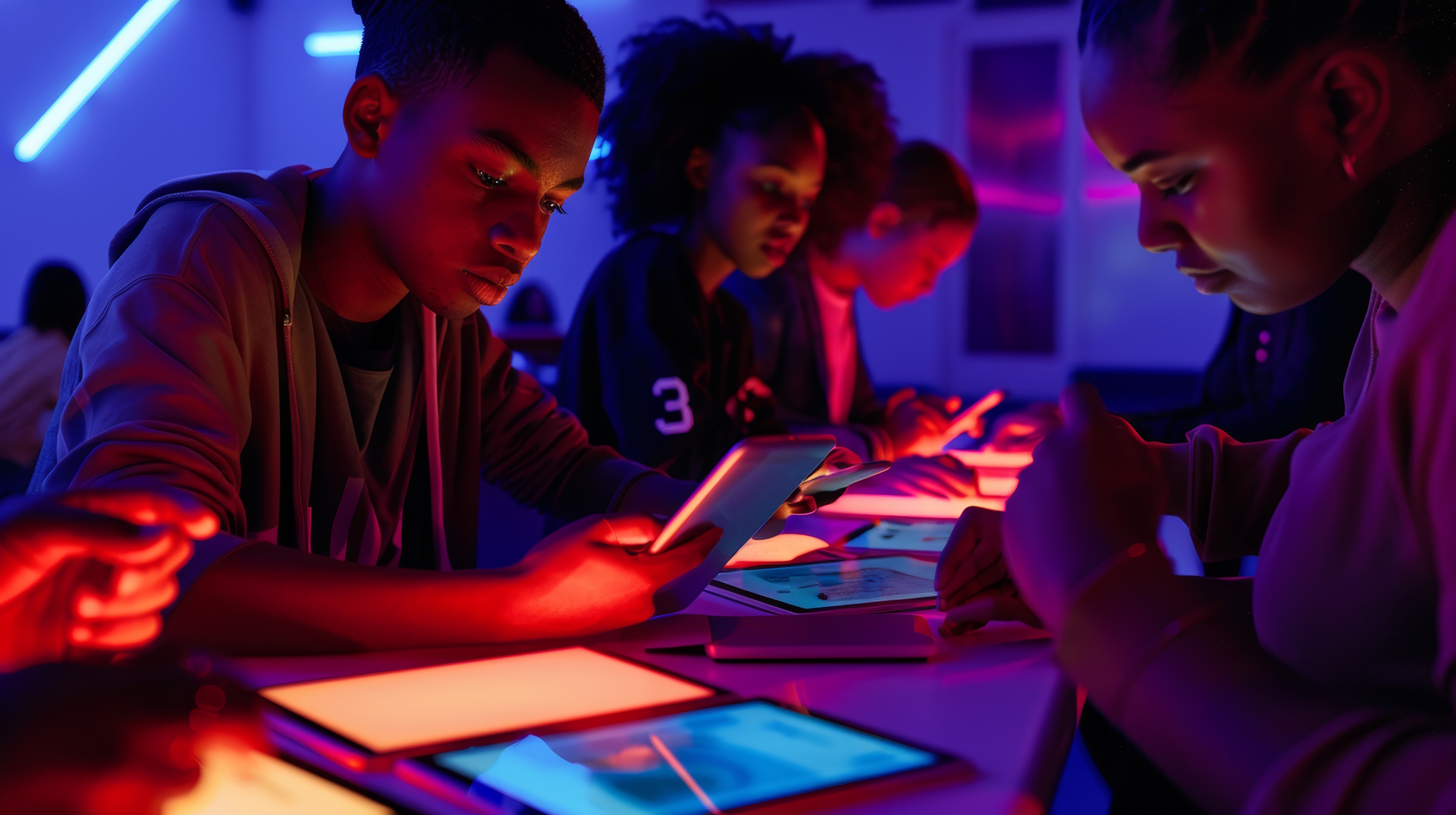 Group of young college students are working late, using digital tablets and online resources to complete a school project