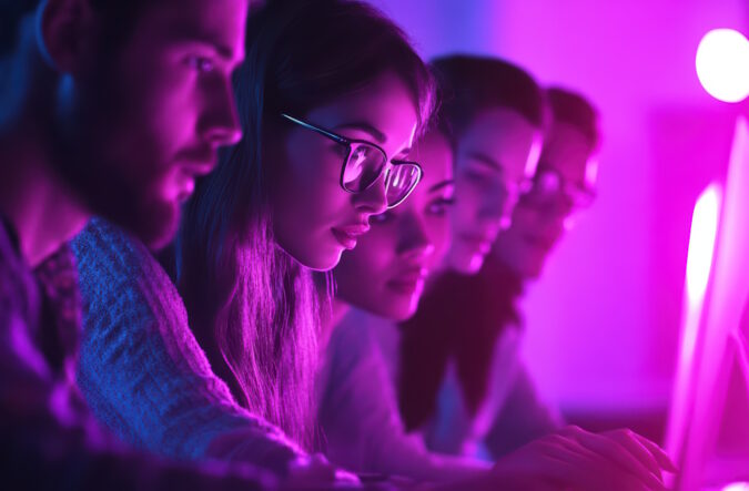 A group of people staring intently at laptop monitors